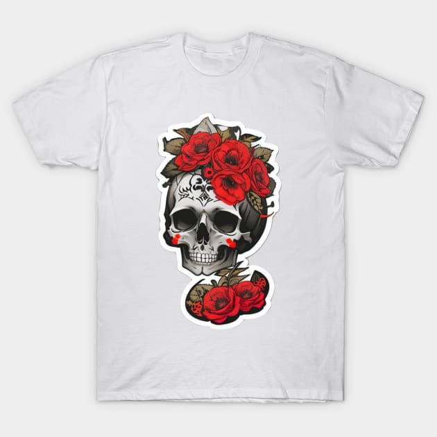 Roses Tattooed Skull T-Shirt by Basunat